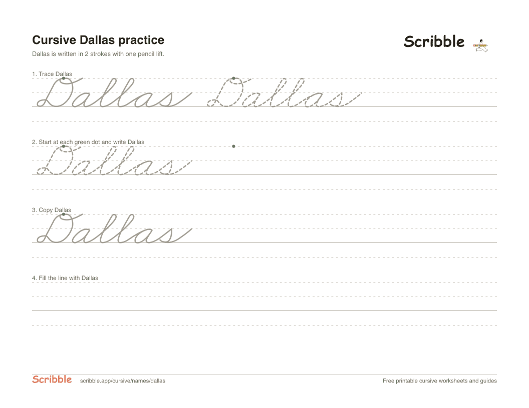 Preview of the printable Dallas in cursive worksheet: trace, copy, and practice rows