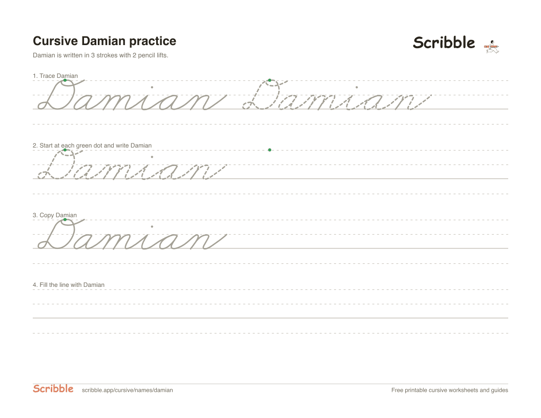 Preview of the printable Damian in cursive worksheet: trace, copy, and practice rows