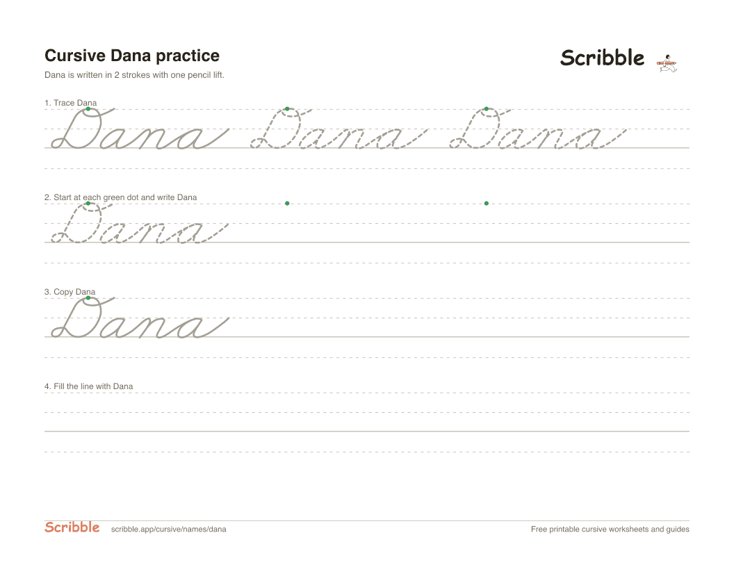 Preview of the printable Dana in cursive worksheet: trace, copy, and practice rows