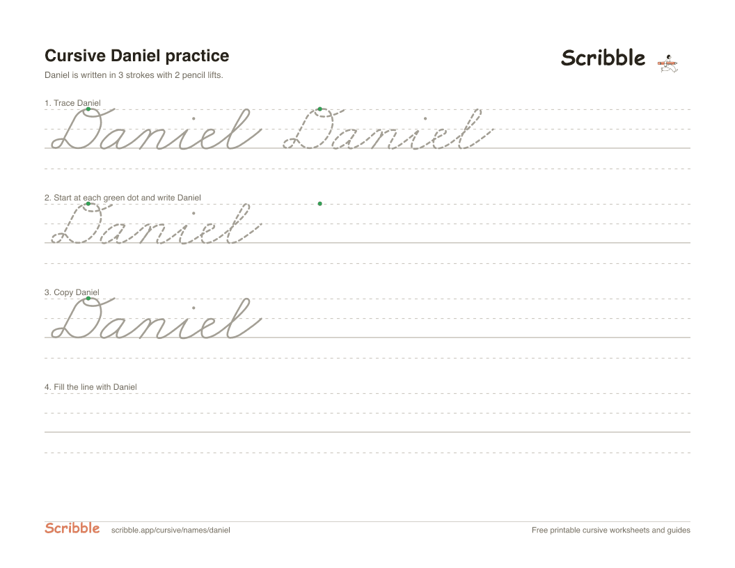 Preview of the printable Daniel in cursive worksheet: trace, copy, and practice rows