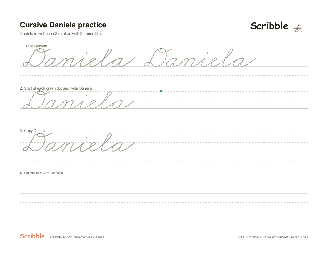 Preview of the printable Daniela in cursive worksheet: trace, copy, and practice rows