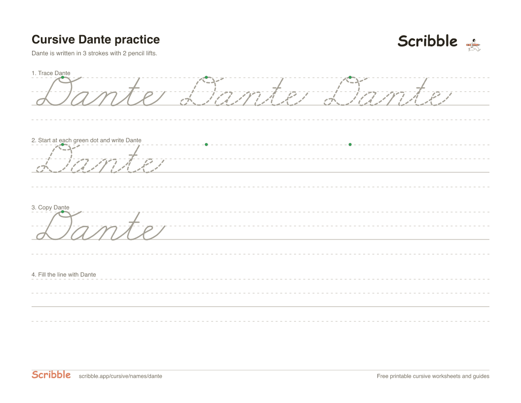 Preview of the printable Dante in cursive worksheet: trace, copy, and practice rows