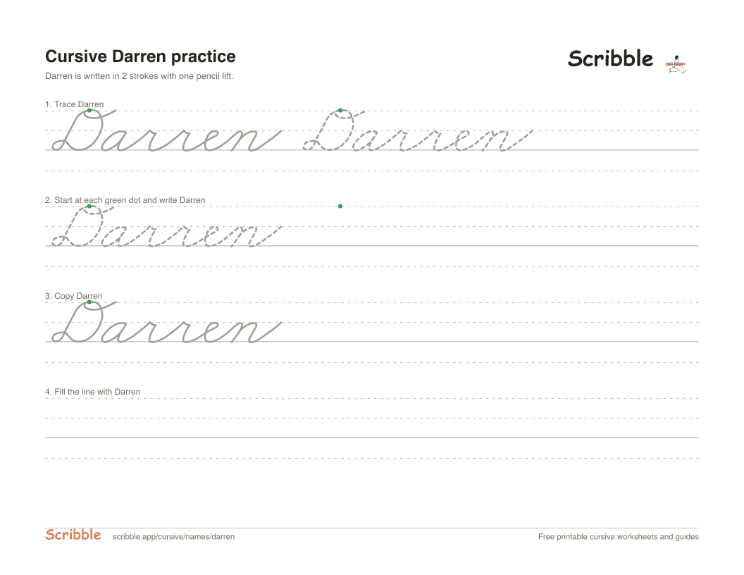 Preview of the printable Darren in cursive worksheet: trace, copy, and practice rows