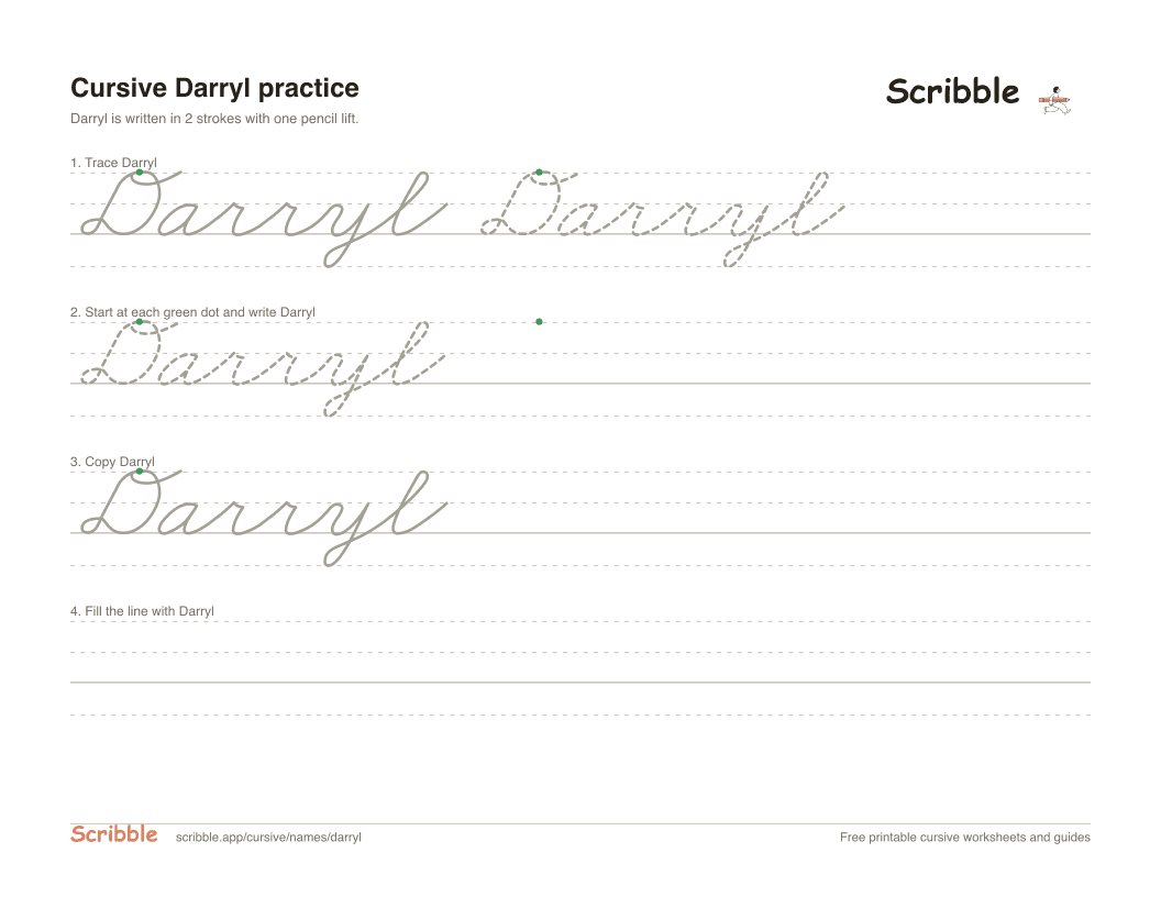 Preview of the printable Darryl in cursive worksheet: trace, copy, and practice rows