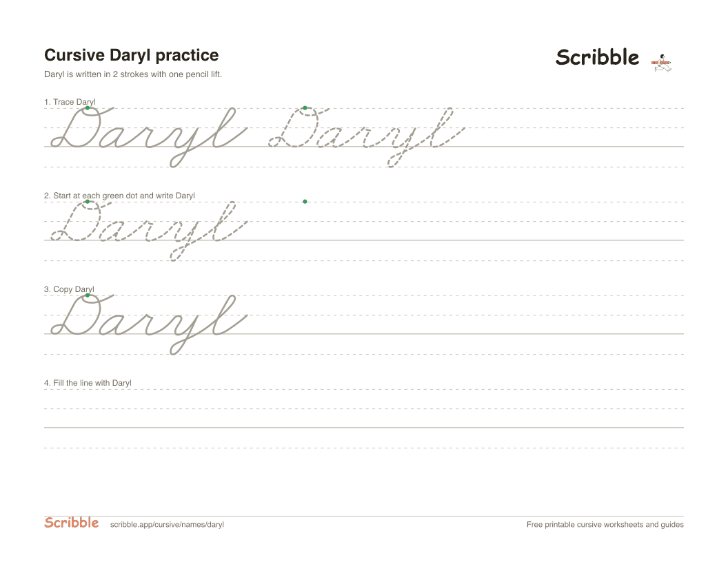 Preview of the printable Daryl in cursive worksheet: trace, copy, and practice rows