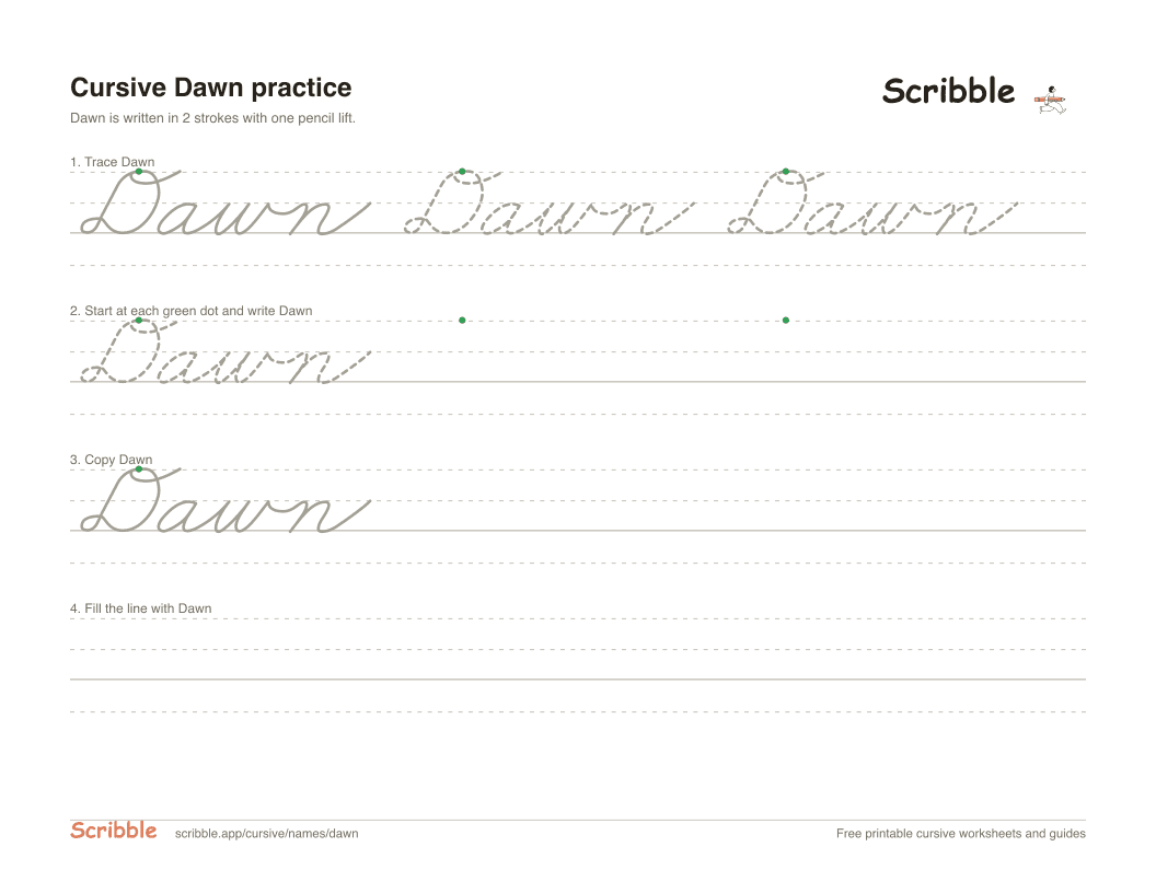 Preview of the printable Dawn in cursive worksheet: trace, copy, and practice rows