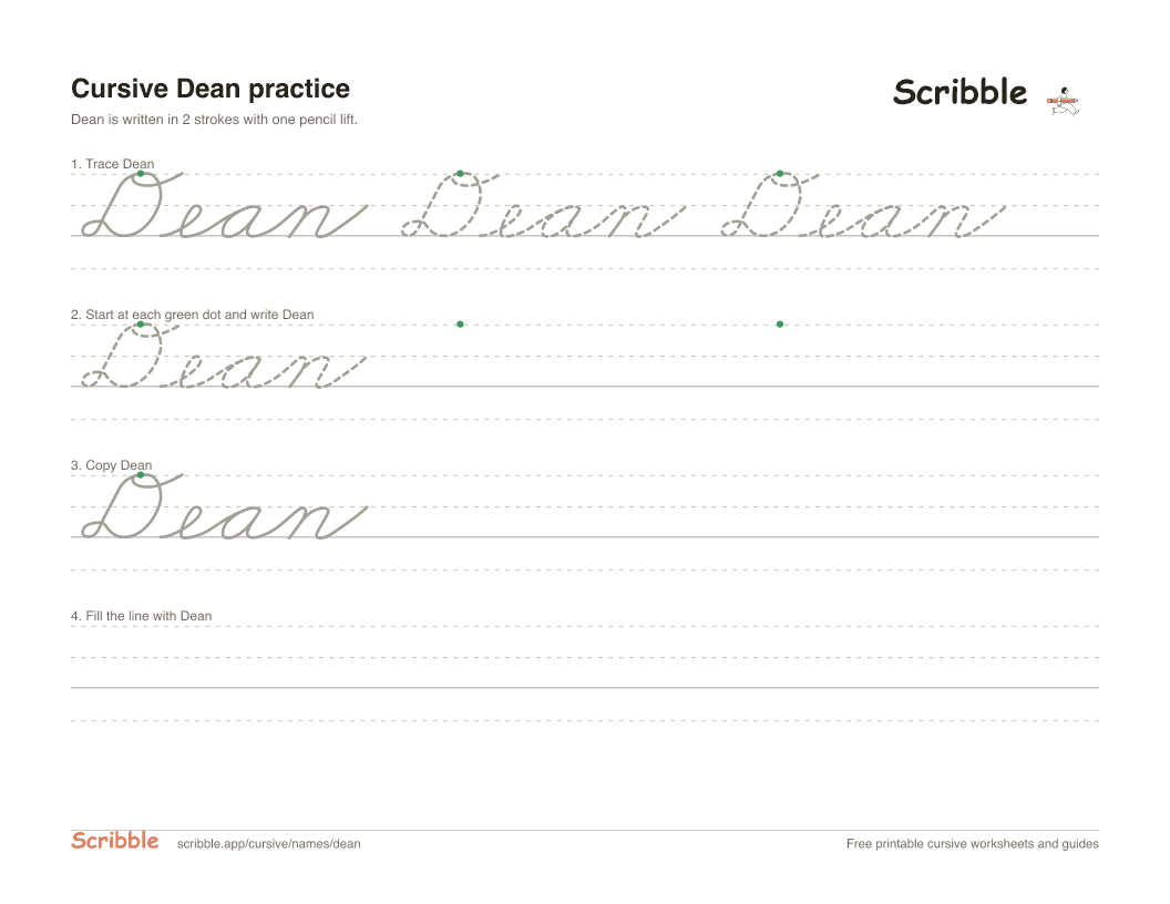Preview of the printable Dean in cursive worksheet: trace, copy, and practice rows