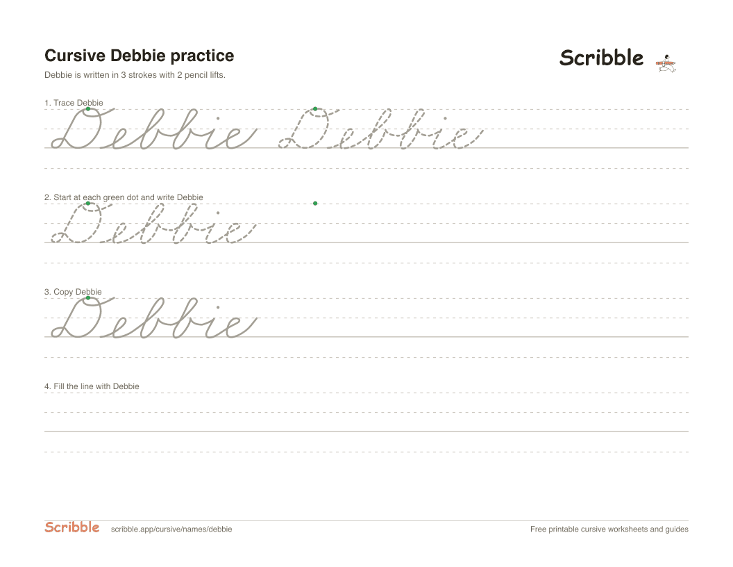 Preview of the printable Debbie in cursive worksheet: trace, copy, and practice rows