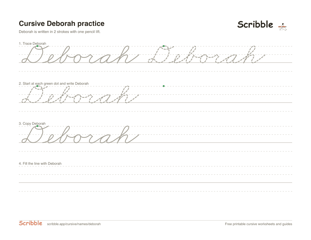 Preview of the printable Deborah in cursive worksheet: trace, copy, and practice rows