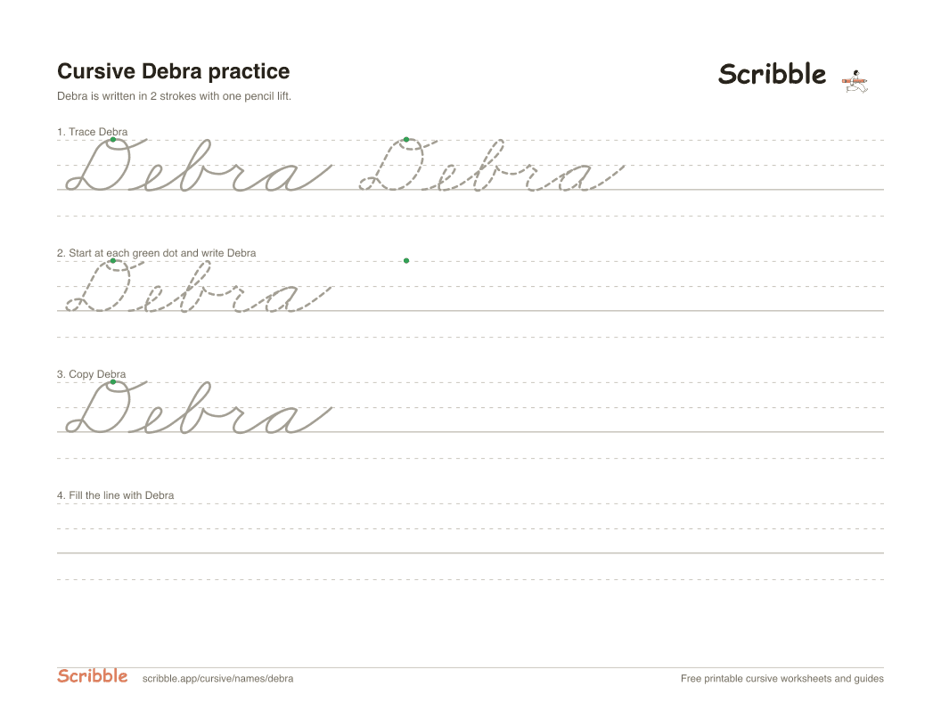 Preview of the printable Debra in cursive worksheet: trace, copy, and practice rows