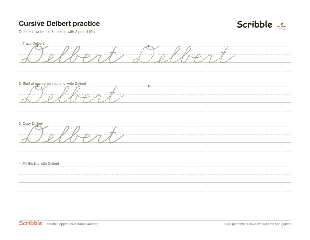 Preview of the printable Delbert in cursive worksheet: trace, copy, and practice rows