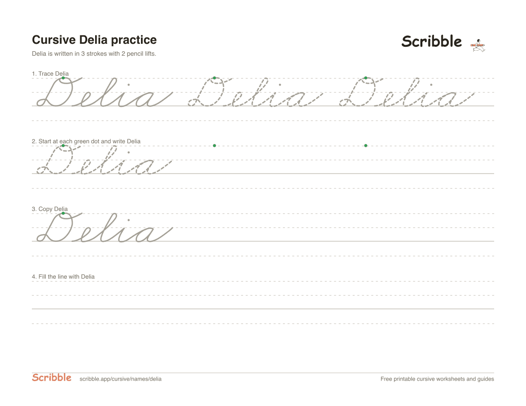 Preview of the printable Delia in cursive worksheet: trace, copy, and practice rows
