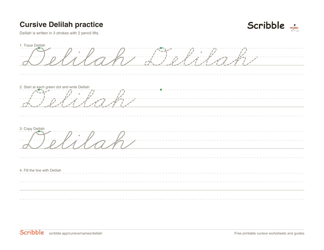 Preview of the printable Delilah in cursive worksheet: trace, copy, and practice rows