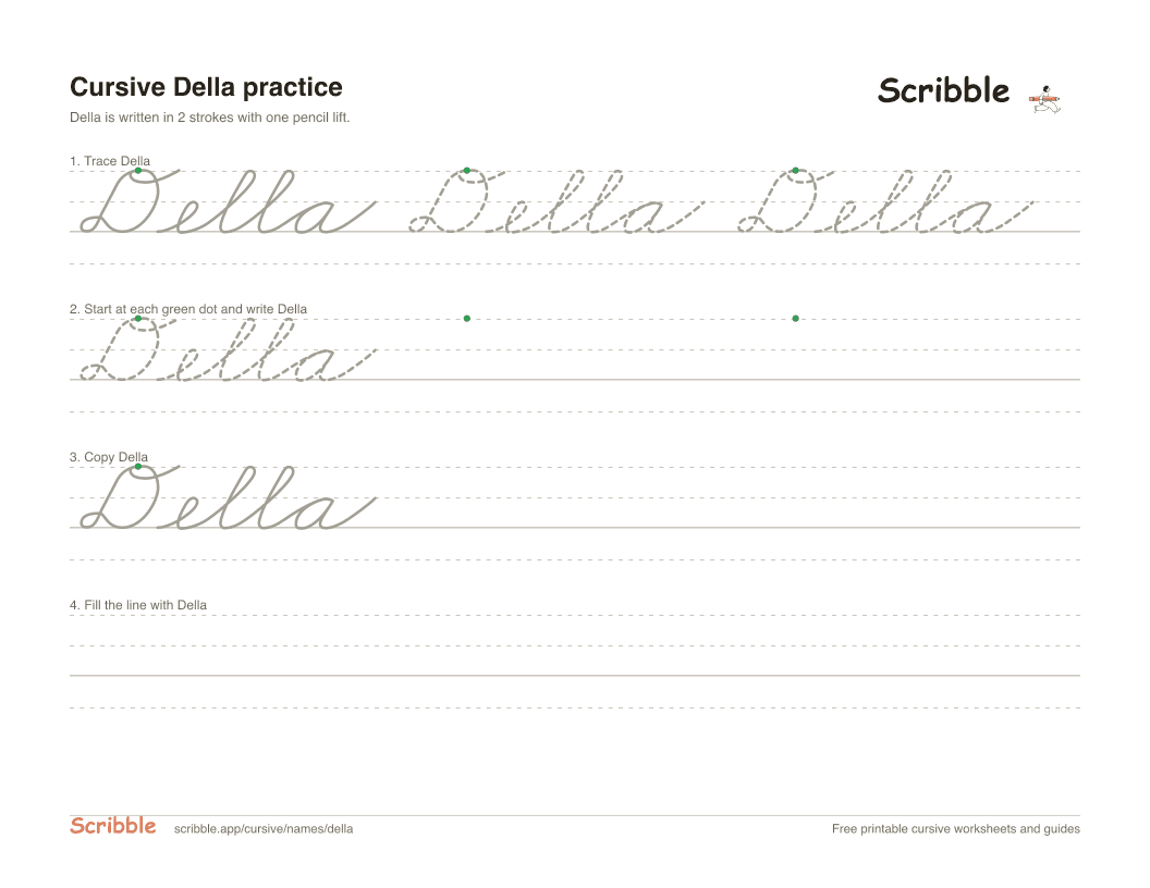 Preview of the printable Della in cursive worksheet: trace, copy, and practice rows