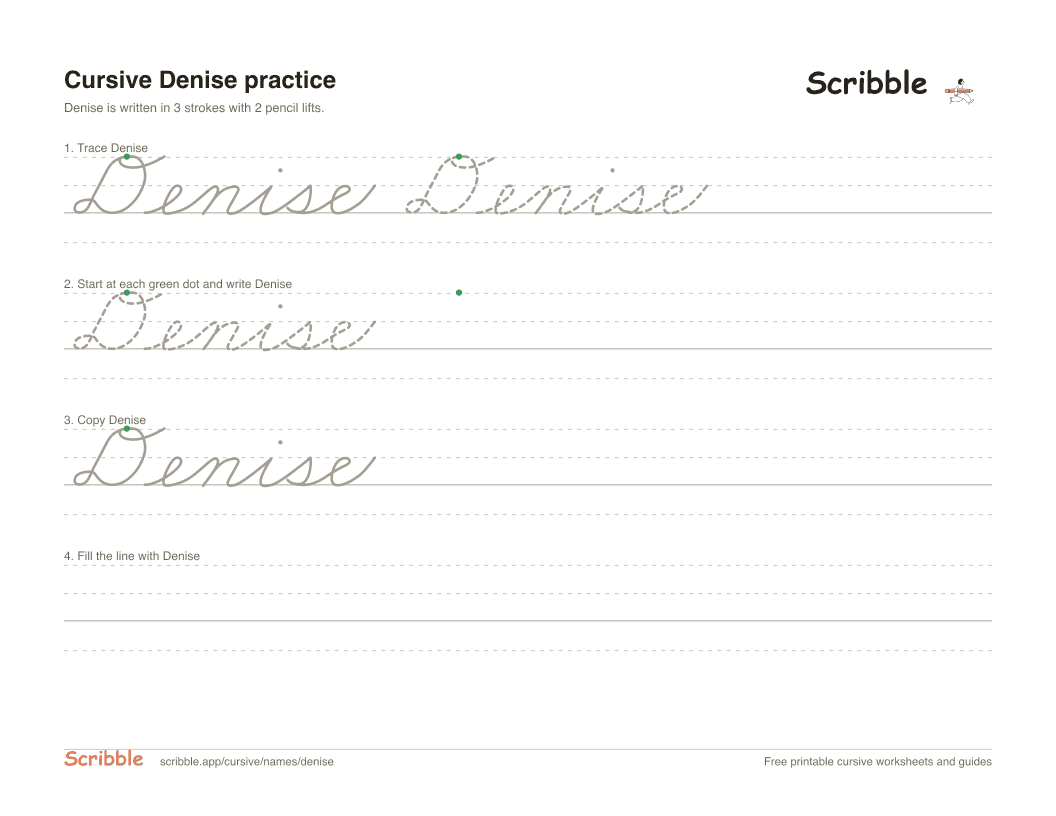 Preview of the printable Denise in cursive worksheet: trace, copy, and practice rows