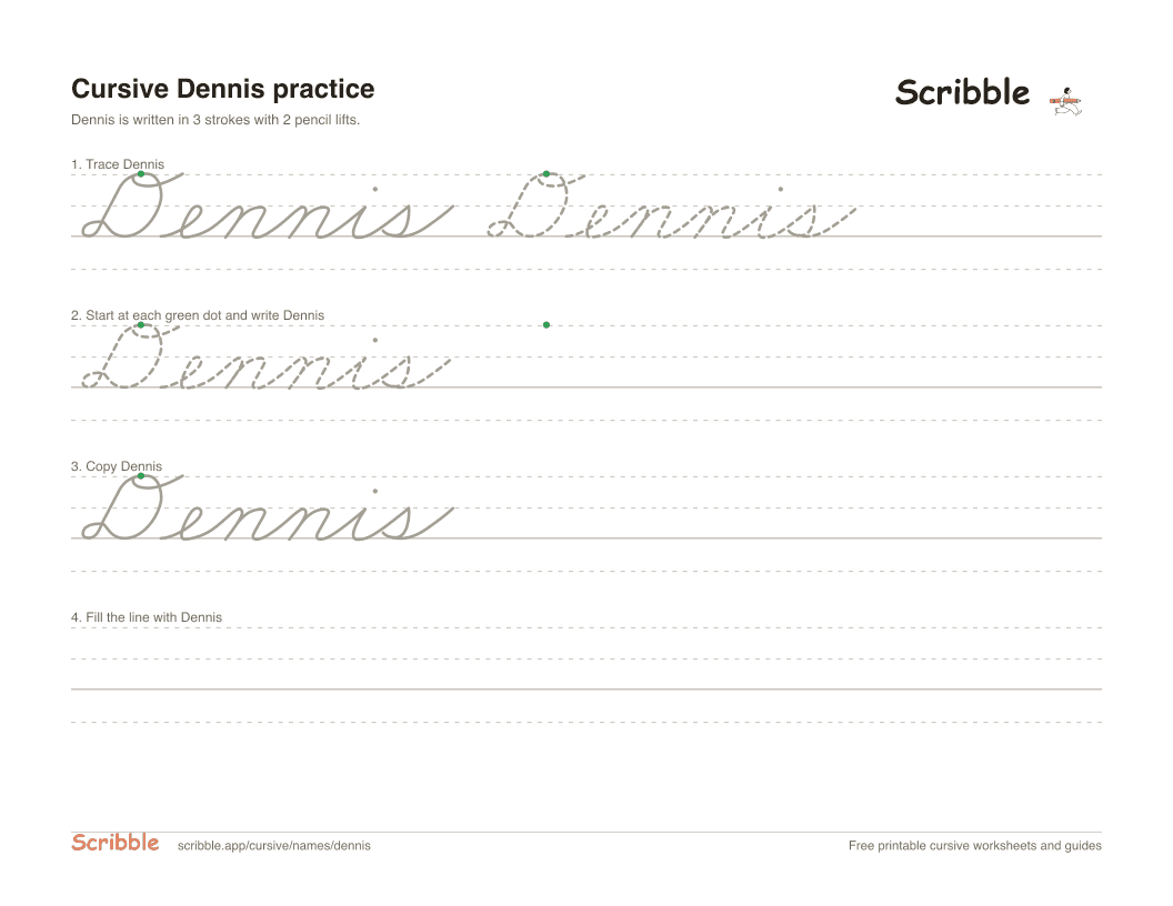 Preview of the printable Dennis in cursive worksheet: trace, copy, and practice rows