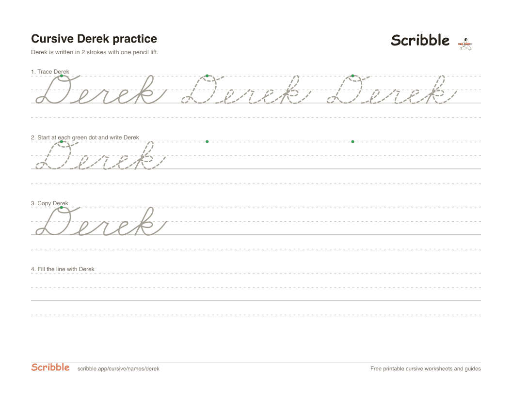 Preview of the printable Derek in cursive worksheet: trace, copy, and practice rows