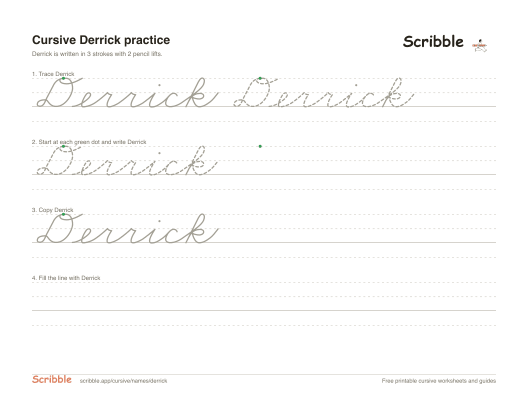 Preview of the printable Derrick in cursive worksheet: trace, copy, and practice rows