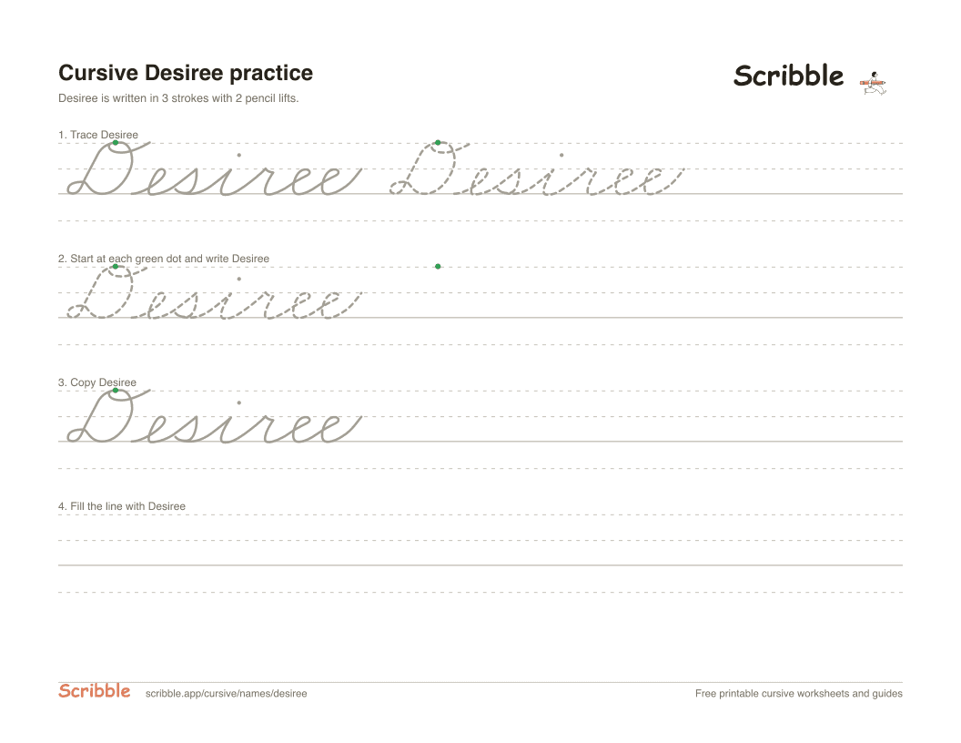 Preview of the printable Desiree in cursive worksheet: trace, copy, and practice rows