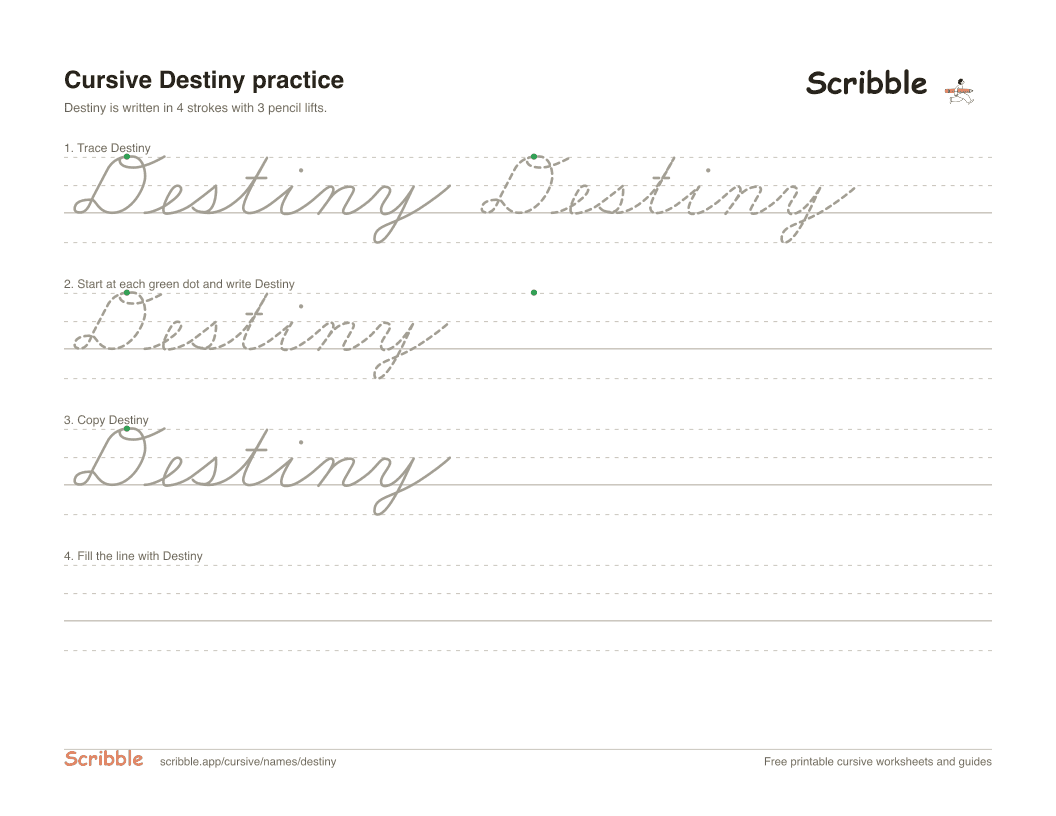 Preview of the printable Destiny in cursive worksheet: trace, copy, and practice rows