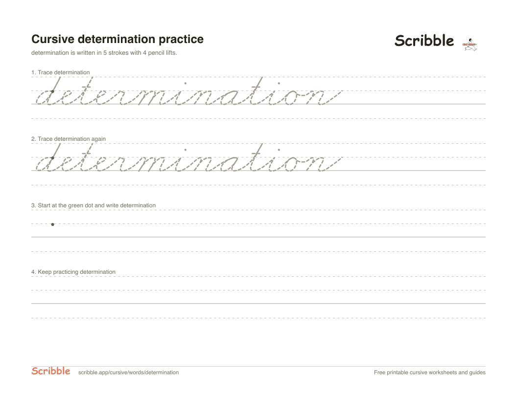 Preview of the printable determination in cursive worksheet: trace, copy, and practice rows