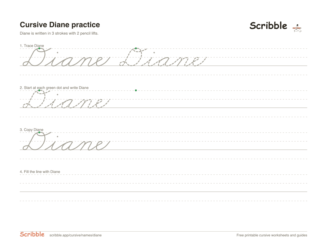 Preview of the printable Diane in cursive worksheet: trace, copy, and practice rows
