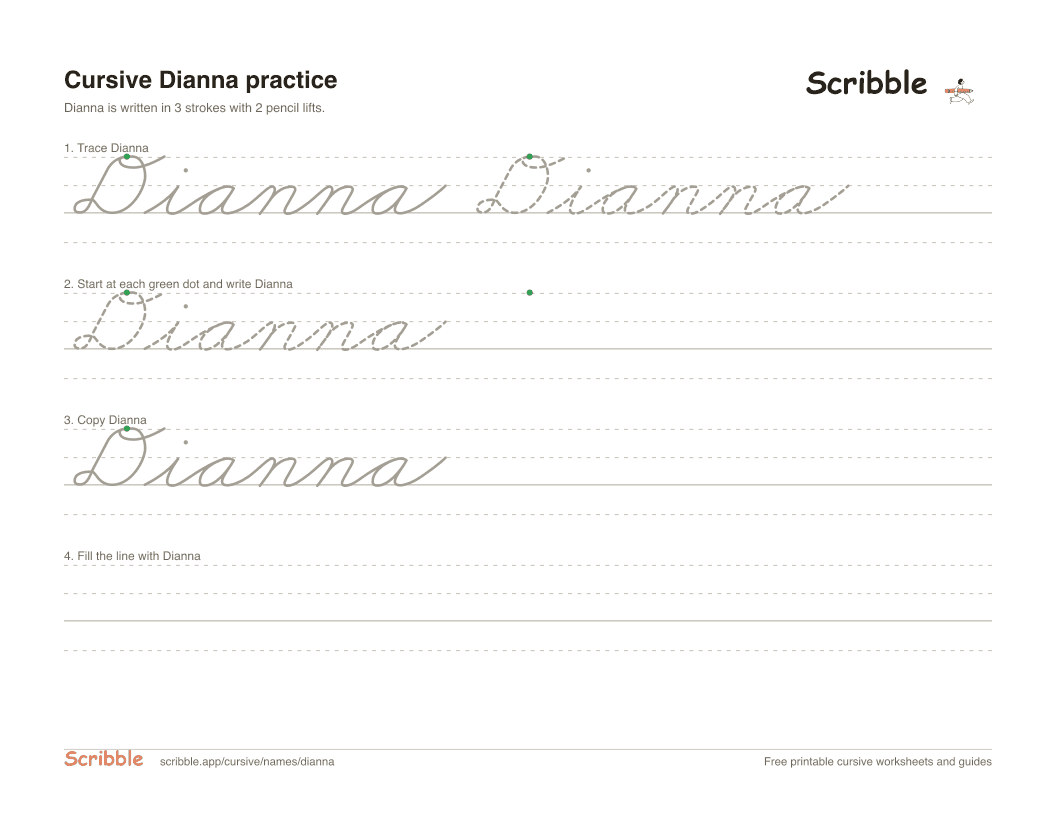 Preview of the printable Dianna in cursive worksheet: trace, copy, and practice rows