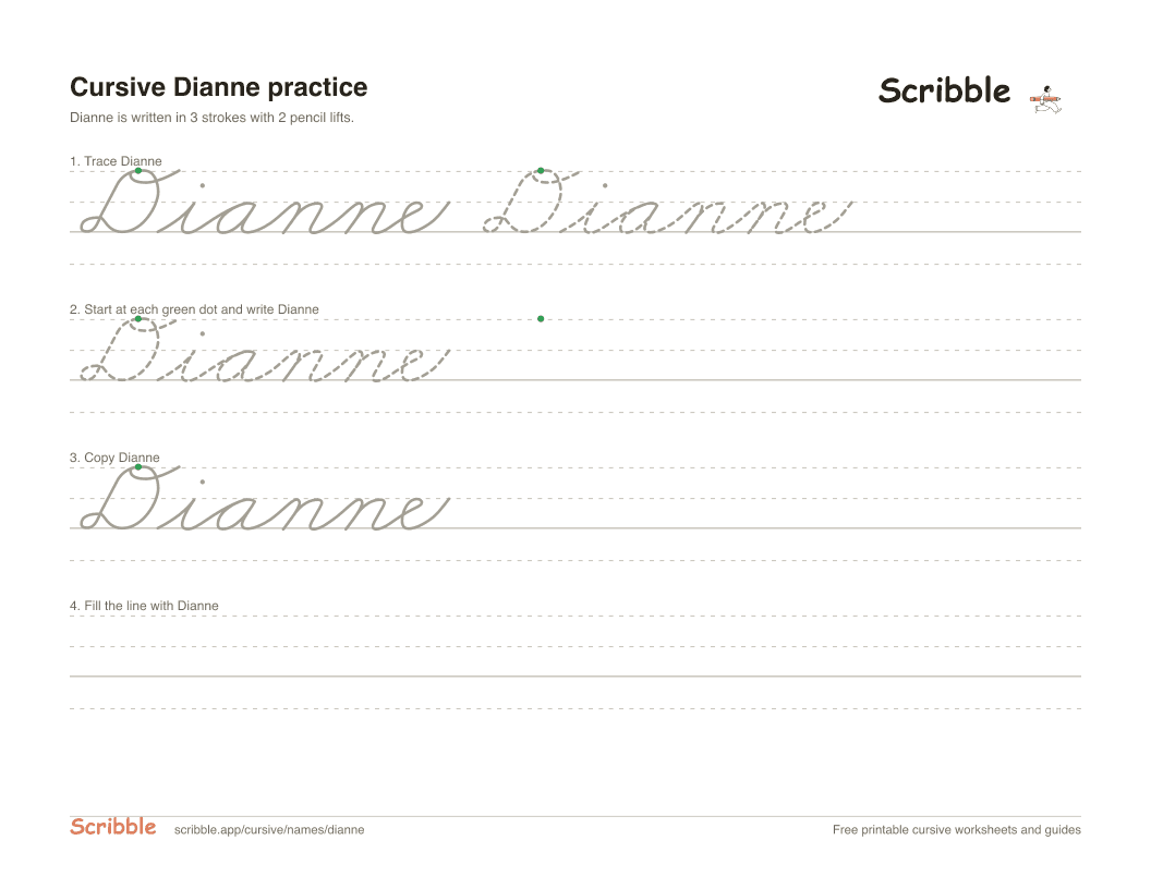 Preview of the printable Dianne in cursive worksheet: trace, copy, and practice rows