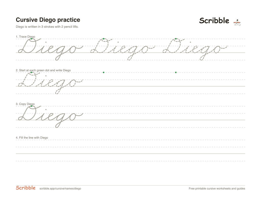 Preview of the printable Diego in cursive worksheet: trace, copy, and practice rows