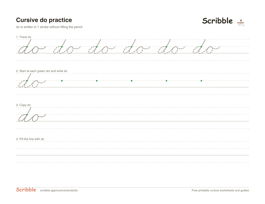 Preview of the printable do in cursive worksheet: trace, copy, and practice rows