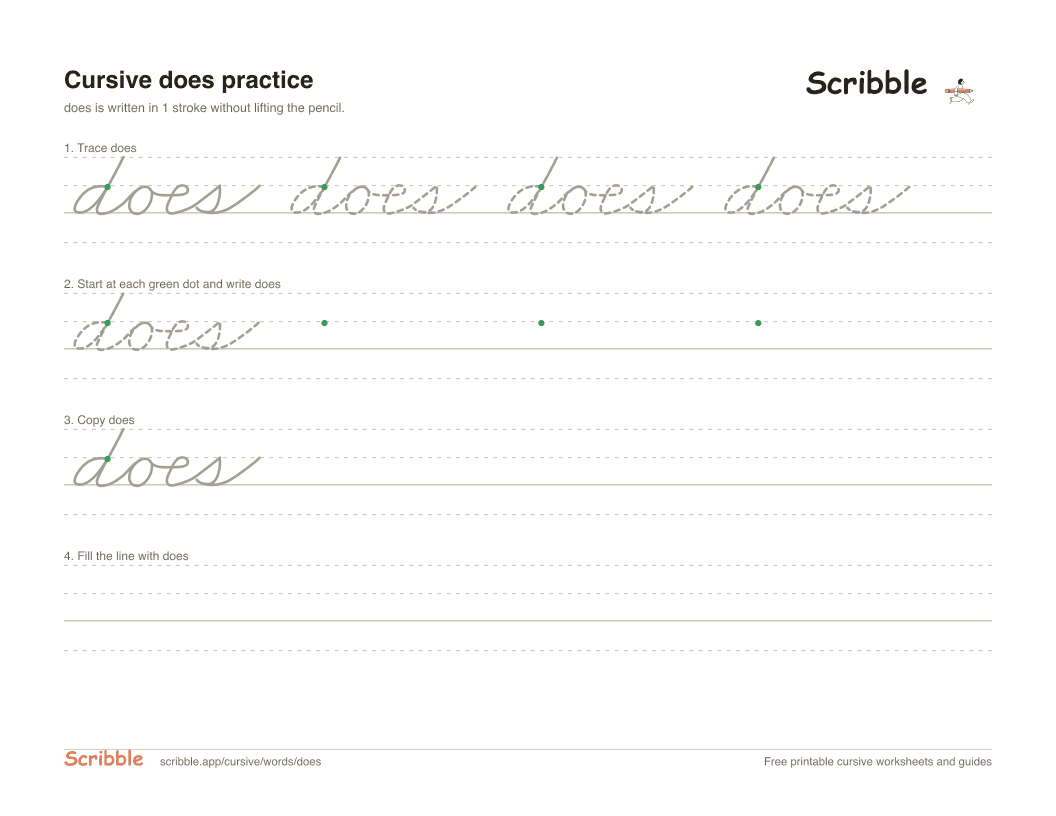 Preview of the printable does in cursive worksheet: trace, copy, and practice rows