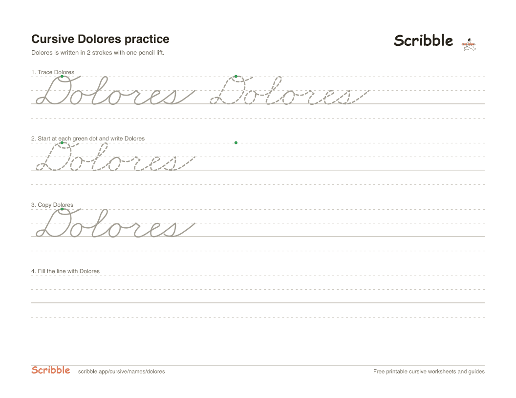 Preview of the printable Dolores in cursive worksheet: trace, copy, and practice rows