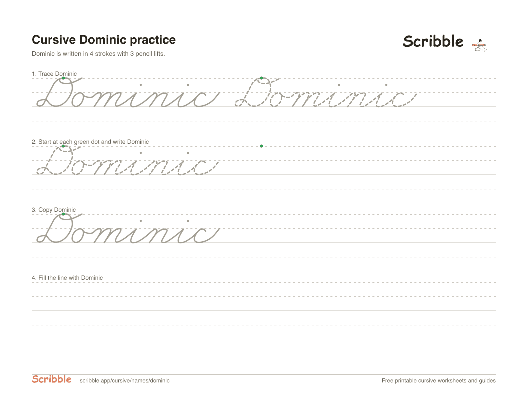 Preview of the printable Dominic in cursive worksheet: trace, copy, and practice rows