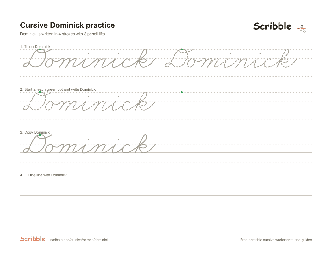 Preview of the printable Dominick in cursive worksheet: trace, copy, and practice rows