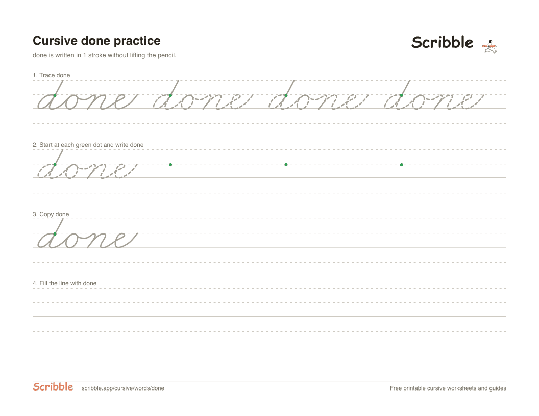 Preview of the printable done in cursive worksheet: trace, copy, and practice rows