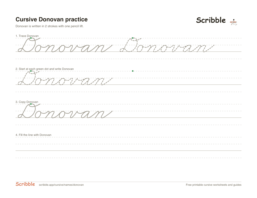 Preview of the printable Donovan in cursive worksheet: trace, copy, and practice rows