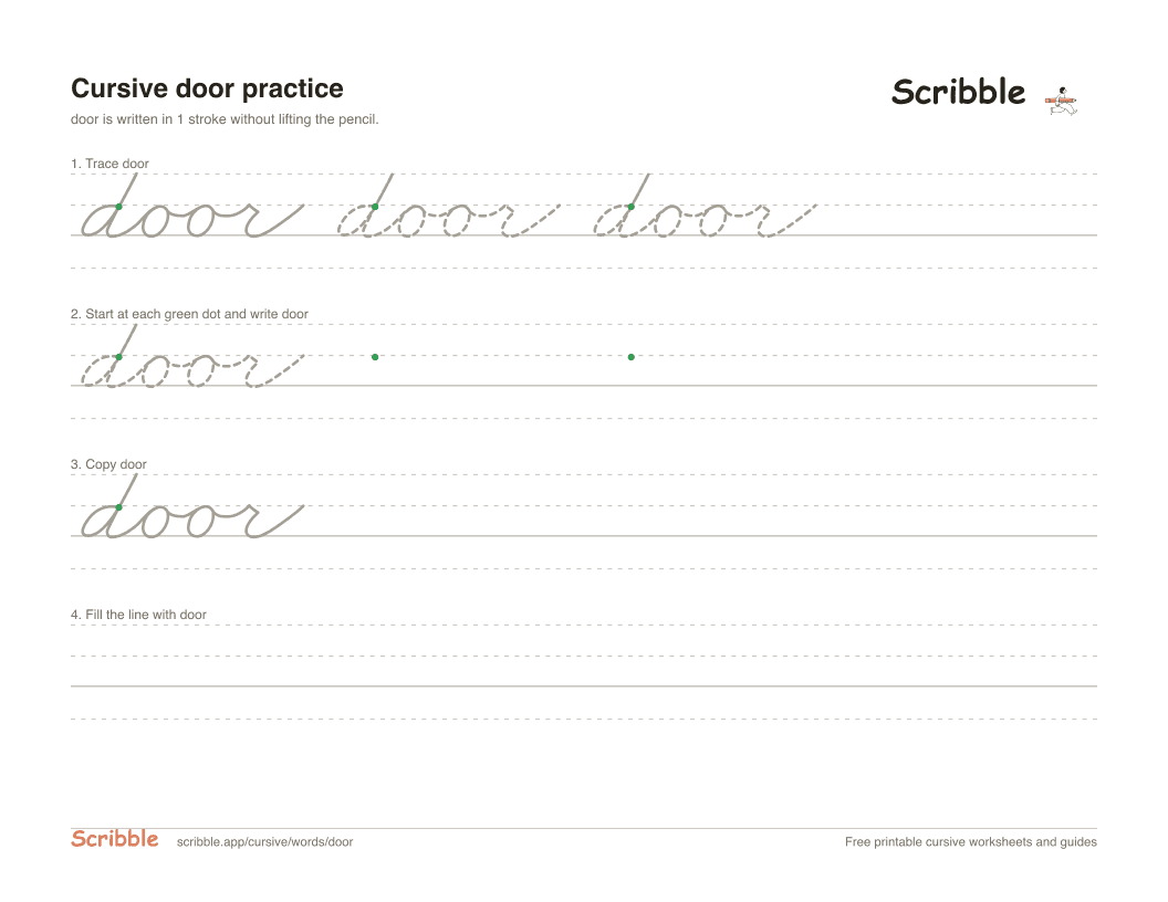 Preview of the printable door in cursive worksheet: trace, copy, and practice rows
