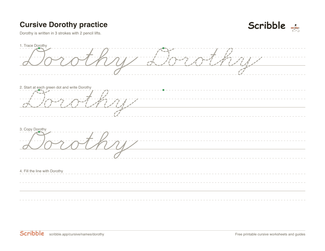 Preview of the printable Dorothy in cursive worksheet: trace, copy, and practice rows