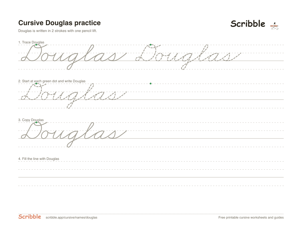 Preview of the printable Douglas in cursive worksheet: trace, copy, and practice rows