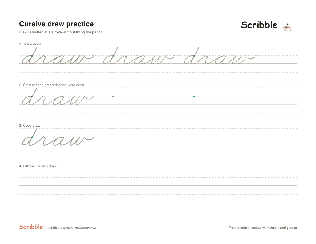 Preview of the printable draw in cursive worksheet: trace, copy, and practice rows