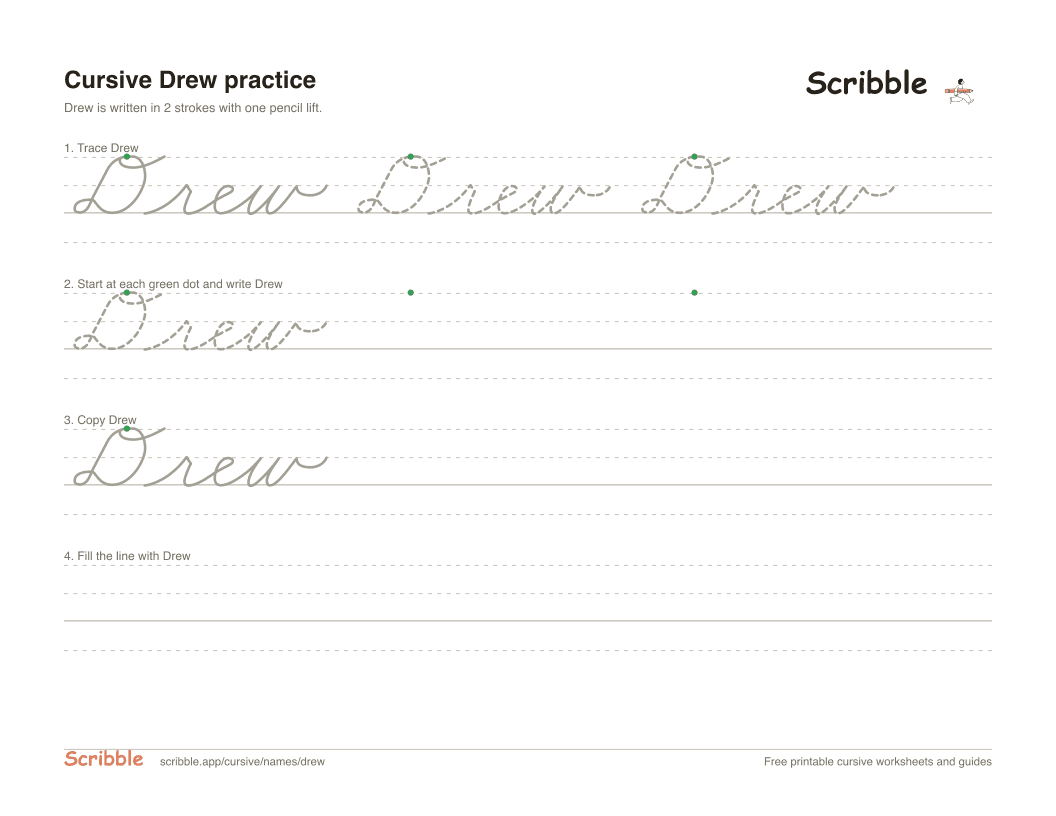 Preview of the printable Drew in cursive worksheet: trace, copy, and practice rows