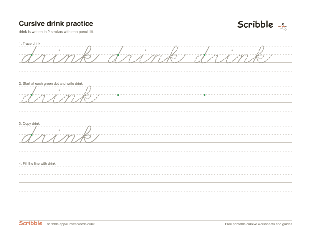 Preview of the printable drink in cursive worksheet: trace, copy, and practice rows