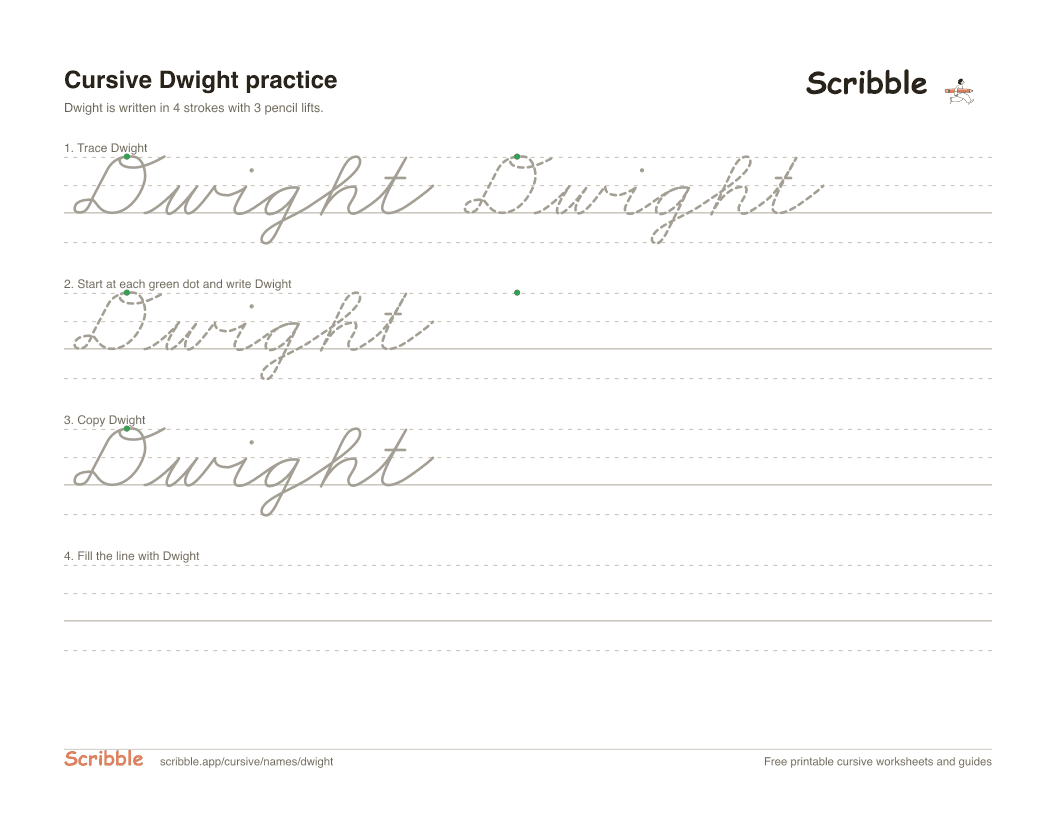 Preview of the printable Dwight in cursive worksheet: trace, copy, and practice rows