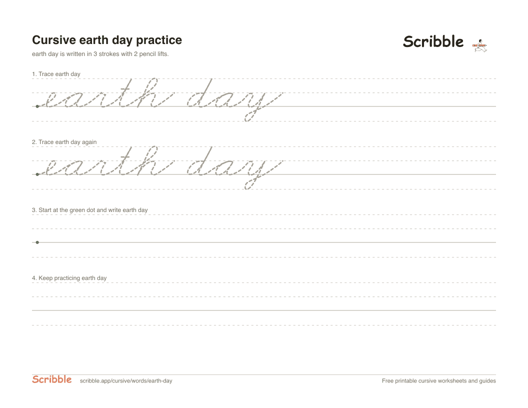 Preview of the printable earth day in cursive worksheet: trace, copy, and practice rows