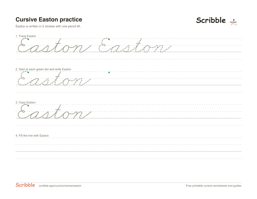 Preview of the printable Easton in cursive worksheet: trace, copy, and practice rows