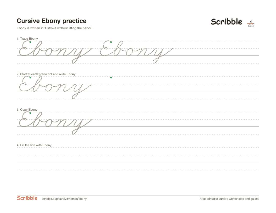 Preview of the printable Ebony in cursive worksheet: trace, copy, and practice rows
