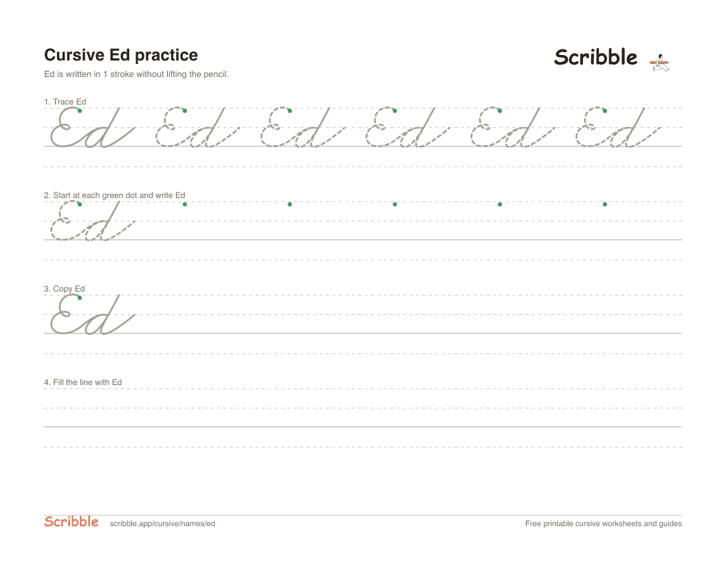 Preview of the printable Ed in cursive worksheet: trace, copy, and practice rows