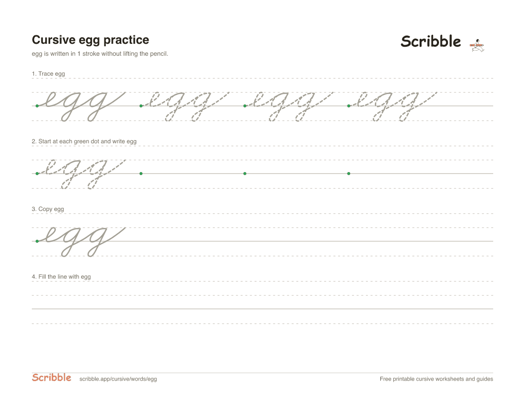 Preview of the printable egg in cursive worksheet: trace, copy, and practice rows