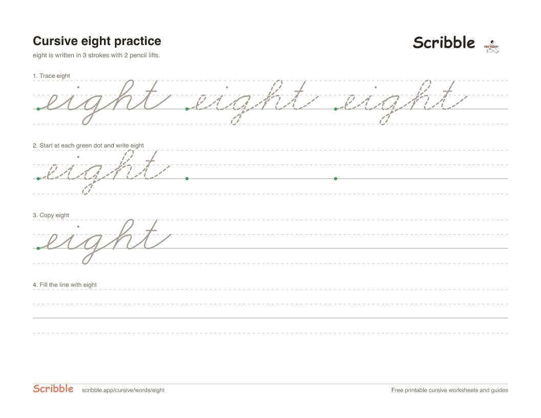 Preview of the printable eight in cursive worksheet: trace, copy, and practice rows