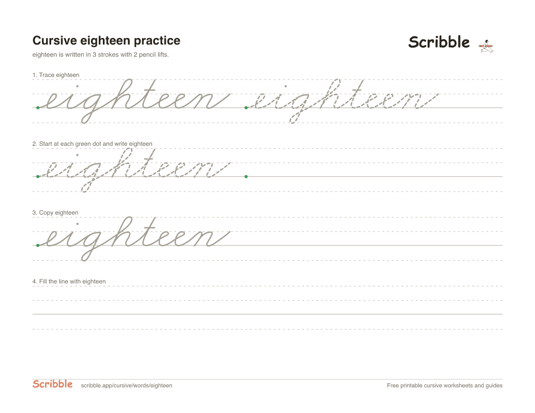 Preview of the printable eighteen in cursive worksheet: trace, copy, and practice rows